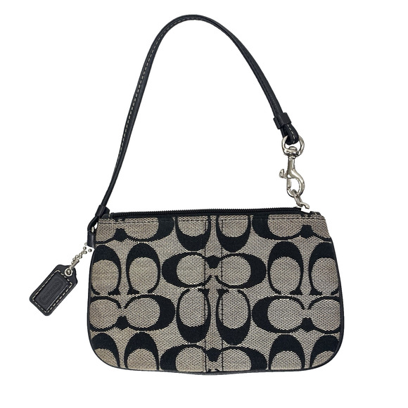 COACH Signature Wristlet 7" x 4" Black Beige Canvas Lined Hang Tag Clutch GUC - Picture 1 of 8